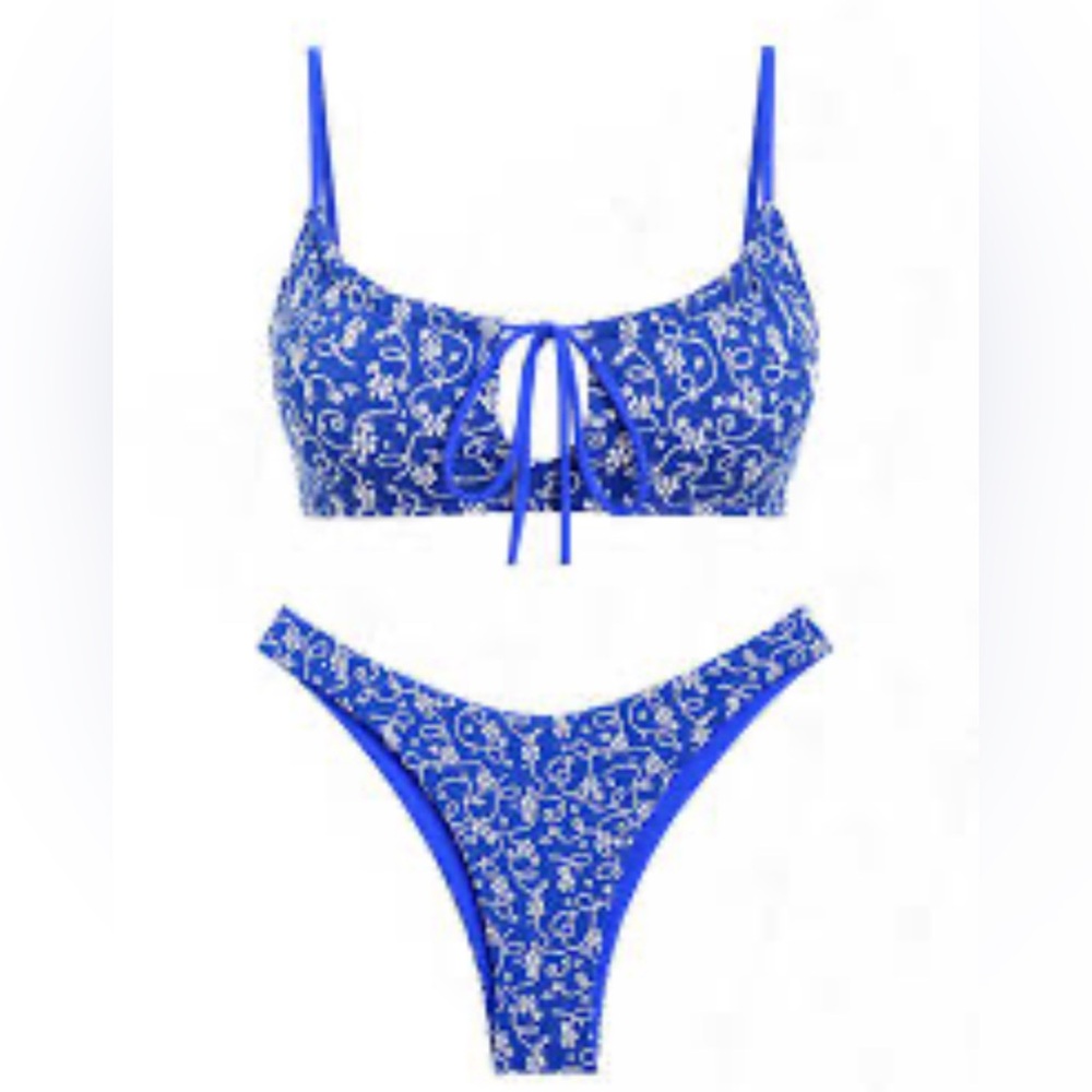 SeaMolly floral-jacquard-drawstring-tied-cheeky-bikini-set Blue/White Bikini Set
